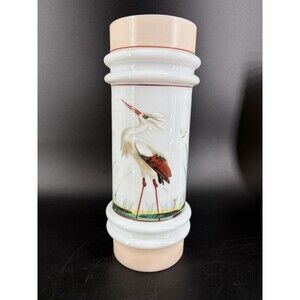 Antique Mt Washington Smith Bros Opalware Glass Painted Crane Heron Bird Vase